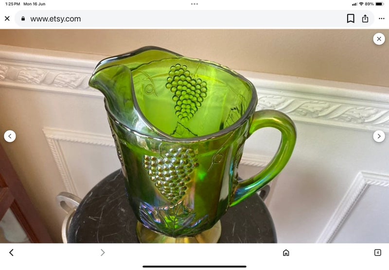Vintage Indiana Glass Green Large Harvest Grape Carnival Glass Pitcher62939540508162111