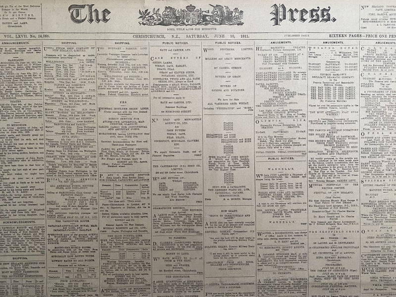 OLD NEWSPAPER: The Press, Christchurch - Saturday, 10 June 1911 Carousel 1