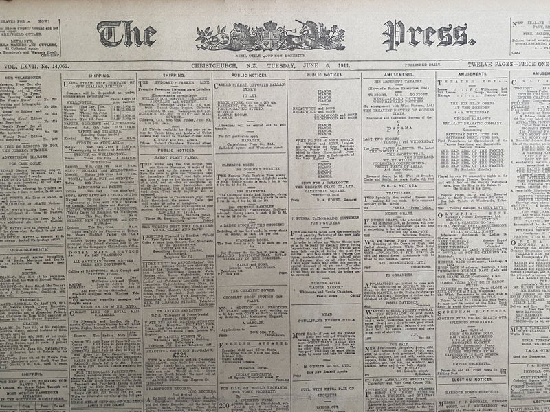 OLD NEWSPAPER: The Press, Christchurch - Tuesday, 6 June 1911 Carousel 1