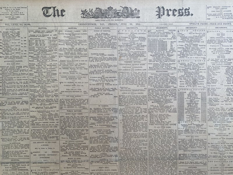 OLD NEWSPAPER: The Press, Christchurch - Friday, 30 June 1911 Carousel 1
