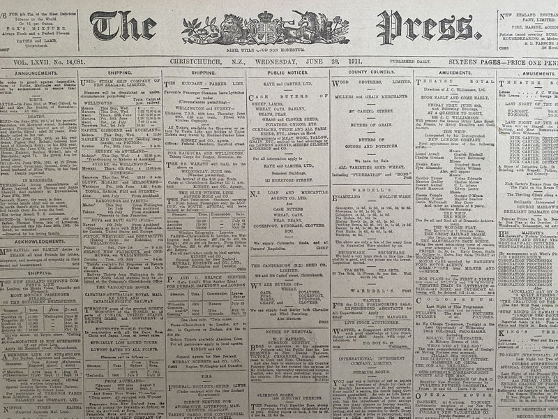 OLD NEWSPAPER: The Press, Christchurch - Wednesday, 28 June 1911 Carousel 1