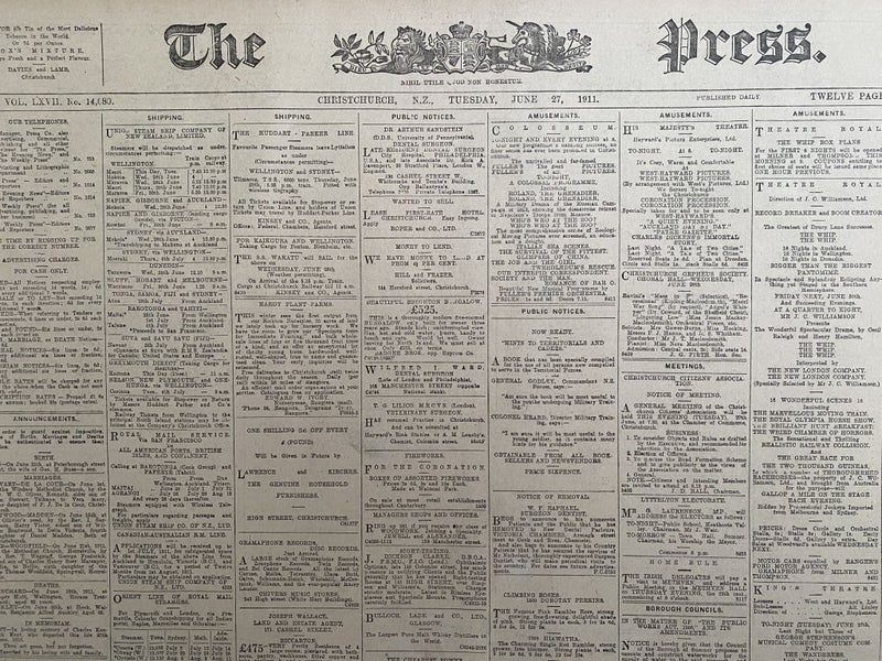 OLD NEWSPAPER: The Press, Christchurch - Tuesday, 27 June 1911 Carousel 1