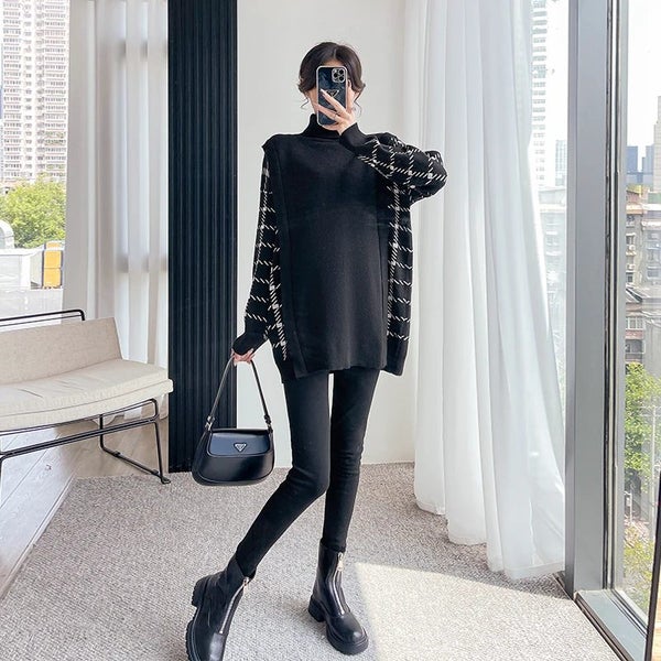 Patchwork Knitted Maternity Sweaters Large Size Loose Ties Waist Shirt Clothes Carousel 1