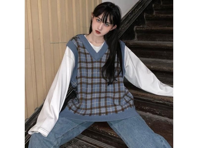 Vest Women Plaid Vintage Harajuku Stylish Street-wear V-neck Sleeveless Carousel 1