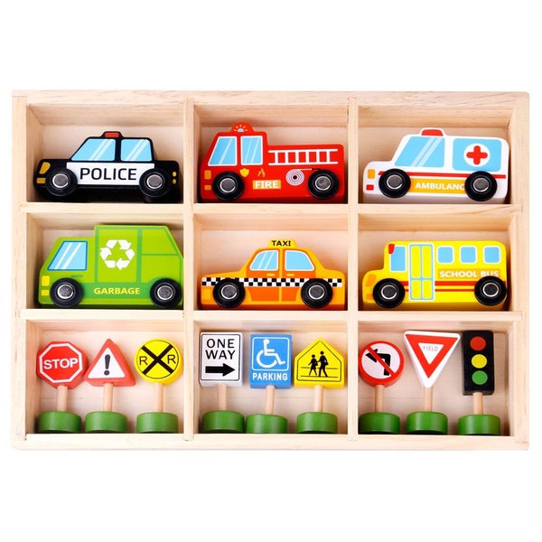 16pc Tooky Toy Wooden Transportation & Street Sign Vehicles 3y+ Kids Toddler Carousel 1