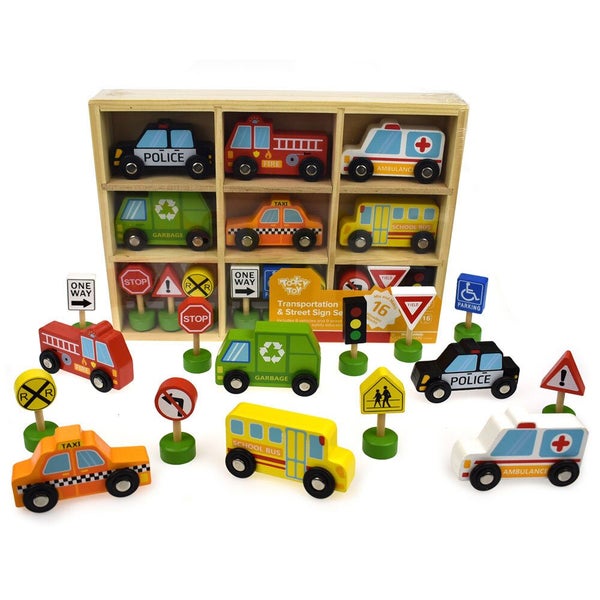 16pc Tooky Toy Wooden Transportation & Street Sign Vehicles 3y+ Kids Toddler Carousel 2