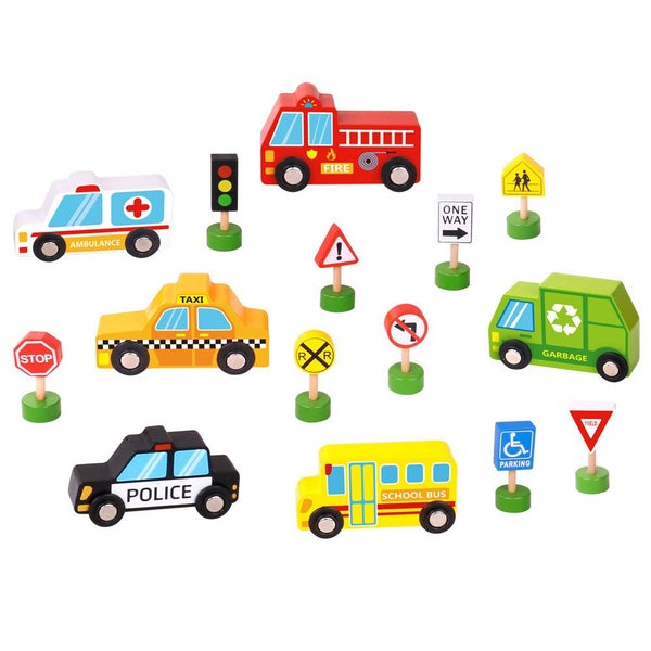 16pc Tooky Toy Wooden Transportation & Street Sign Vehicles 3y+ Kids Toddler Carousel 6