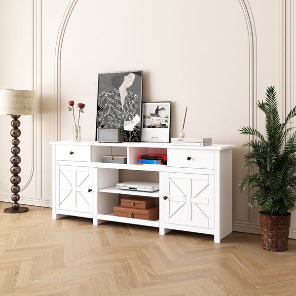 Farmhouse TV Stand Unit White Modern Rustic Kitchen Buffet Table with Barn Doors Carousel 1