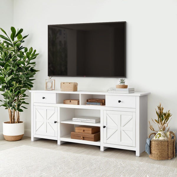 Farmhouse TV Stand Unit White Modern Rustic Kitchen Buffet Table with Barn Doors Carousel 8