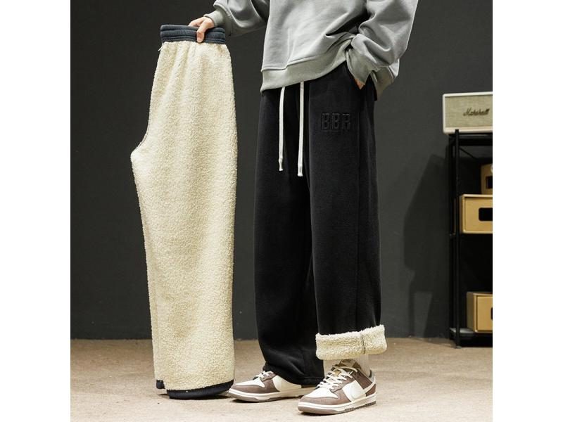 Winter Men Outdoor Wide Leg Velvet Lining Sweatpants Neutral Solid Color Baggy Carousel 1