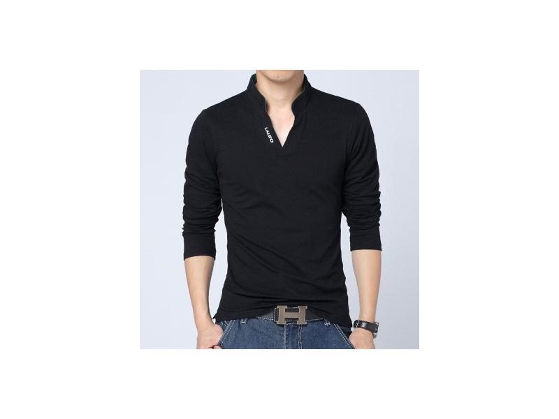 T-Shirt Men Spring Cotton T Shirt Men Solid Color Tshirt Mandarin Collar Long Carousel 1
