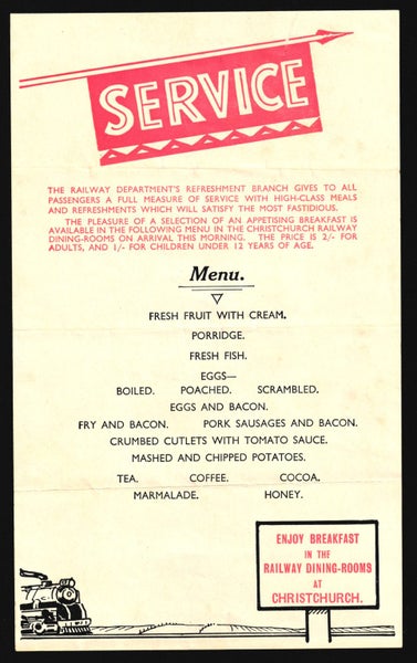 1960's N.Z.R. ADVERTISING LEAFLET FOR CHRISTCHURCH RAILWAY STATION DINING ROOMS. Carousel 1