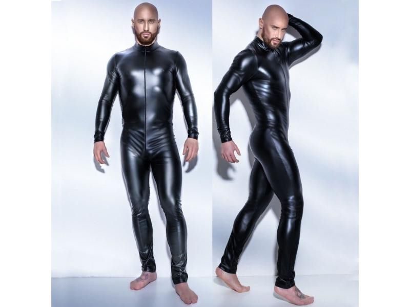 Men's Wetlook Faux Leather One Piece Skin Bodysuit With Open Crotch Carousel 1