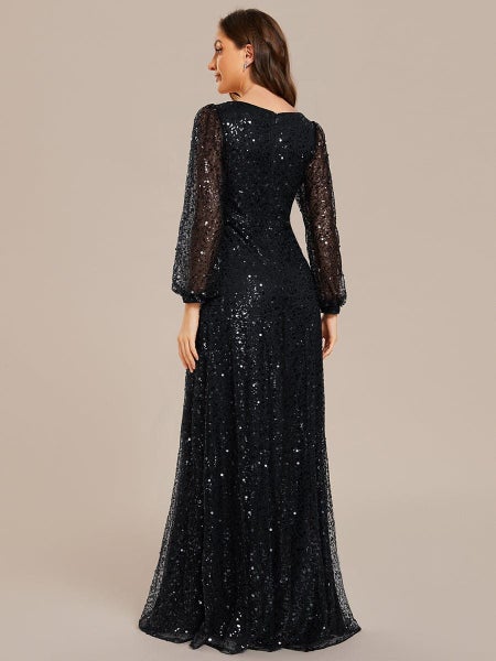 Kerrianna black long lantern sleeve sequin A-Line dress s26-28 Express NZ Wide63622488778497112
