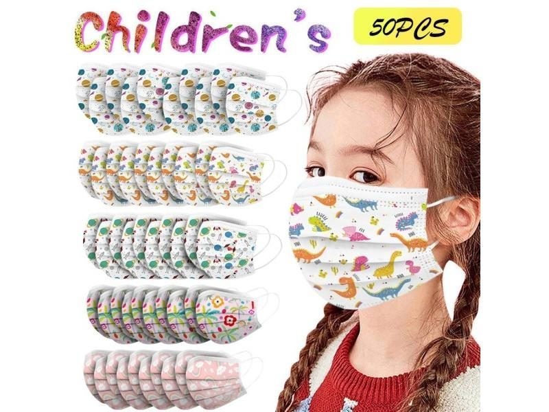 50Pcs Kids Disposable Face Mask Fashion Cartoon Print Non Woven Masks For Germs Carousel 1