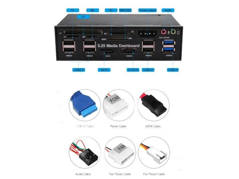 DeepFox Multifuntion 5.25" Media Dashboard Card Reader USB 2.0 USB 3.0 20 Pin Carousel 1