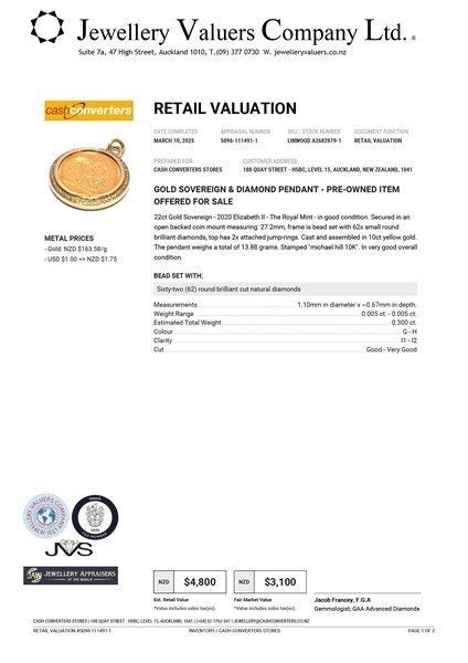 VALUED $4,800 9CT & 22CT YELLOW GOLD FULL SOVEREIGN & DIAMOND PENDANT62864735460225111