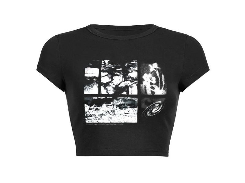 90s Black Harajuku Vintage Grunge Graphic Short Crop Top Streetwear Women Carousel 1