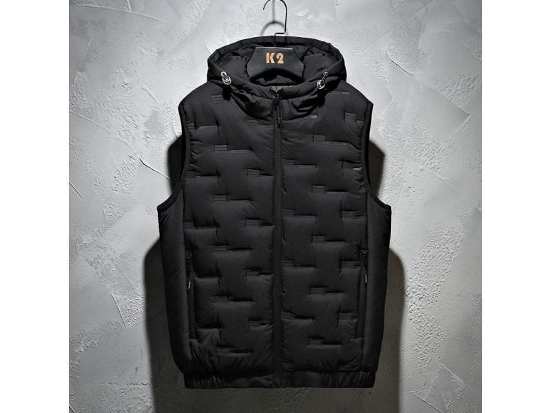 Winter Hooded Vest Men Pleated Solid Padded Vest Windproof Warm Sleeveless Carousel 1