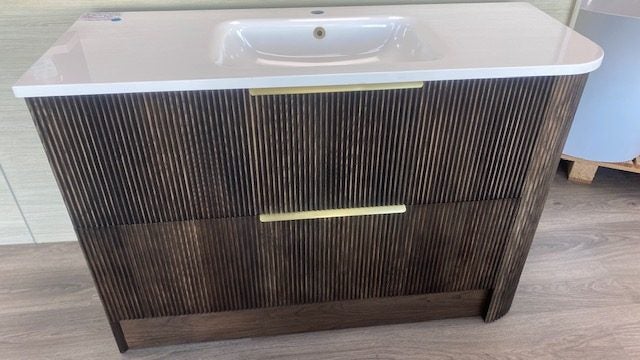 1200 Norah Left Corner Single Basin Floorstanding Vanity in Smokey Oak Carousel 1