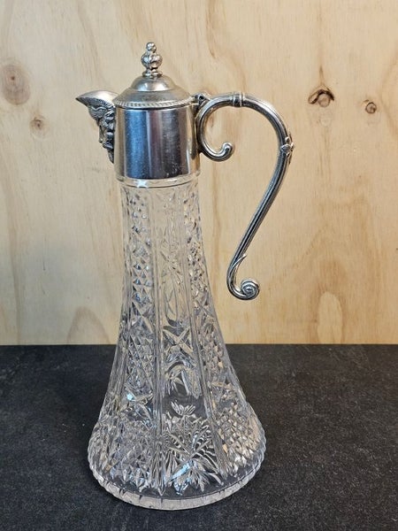 Edwardian Antique Crystal Claret Jug with Silver Plate Featuring Bacchus.62863855689601114