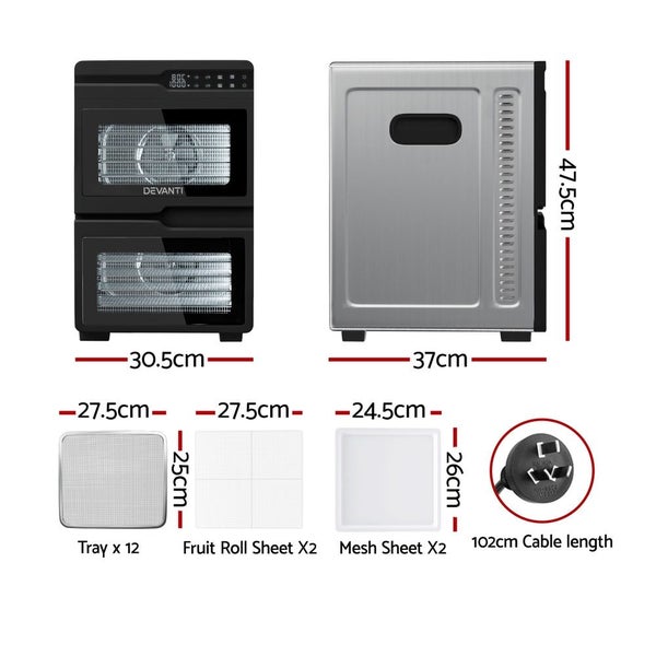 Devanti Stainless Steel Food Dehydrator Dual Zone 12 Tray Fruit Jerky Dryer Carousel 2