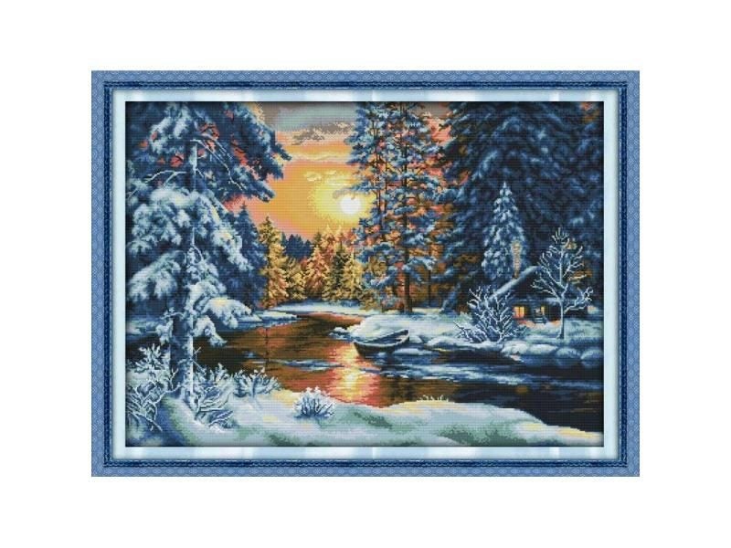 JoySunday Beautiful Snow Cross Stitch Kits Forest Sunset Snow DIY Handmade Carousel 1