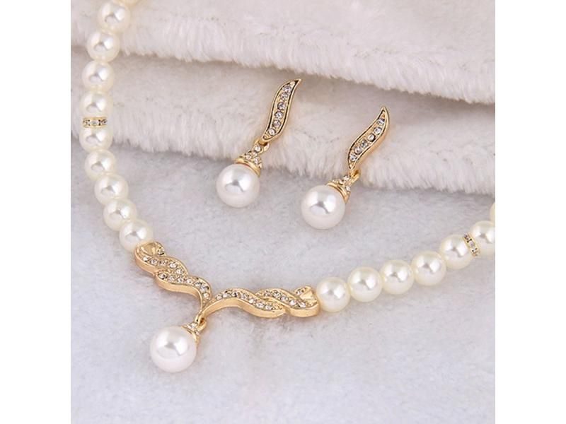 Creative Gold Color Necklace 1 Pair Earrings Wedding Bridal Pearl Jewelry Set Carousel 1