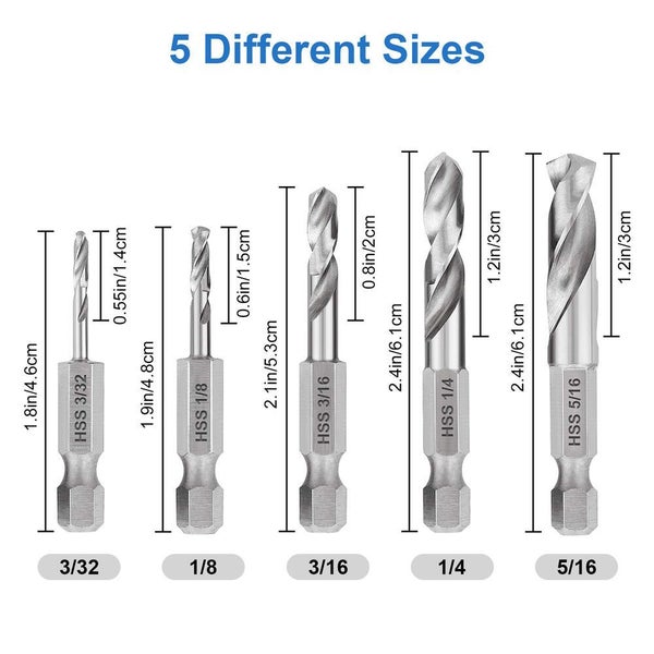 1/4'' Shank 5PCS Stubby High Speed Steel M2 Short Length Drill Bit Set for Carousel 3