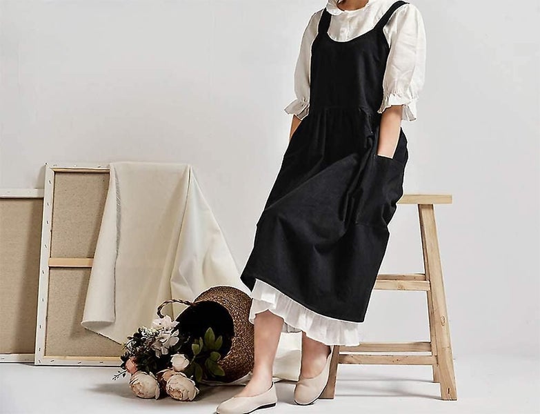 Cotton Linen Cross Back Apron For Women With Pockets For Cooking Baking Black Wi Carousel 3