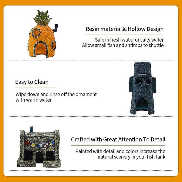 Aquarium Pineapple House Set, 3pcs Aquarium Ornament - Spongebob House Decoratio Carousel 2