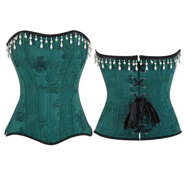 Green Floral Jacquard Overbust Corset Pearl Tassel Bustier Top For Women Carousel 1