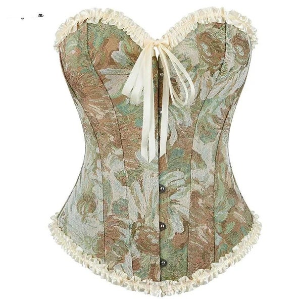 Floral Lace Trimmed Renaissance Corset 12 Fish Bones Boned Green Carousel 1