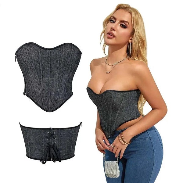 Gray Gothic Punk Crop Top Women Lacing Bandage Bustier With Zipper Plus Size ... Carousel 2