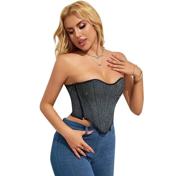 Gray Gothic Punk Crop Top Women Lacing Bandage Bustier With Zipper Plus Size ... Carousel 7