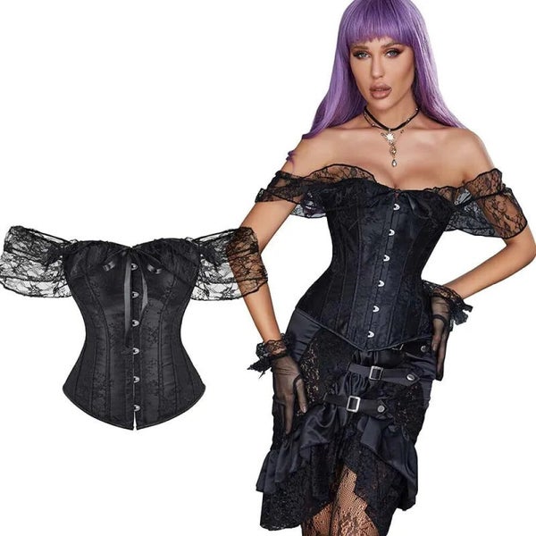 Floral Lace-Up Plus Size Corset Top With Sleeves S-6Xl Carousel 2
