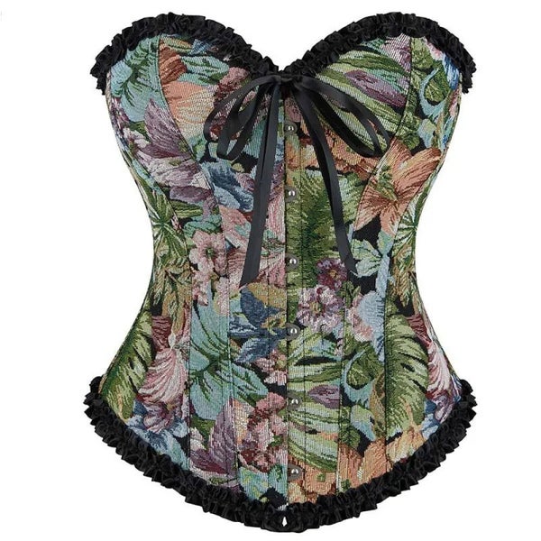 Floral Print Lace Trimmer Boned Strapless Corset Gothic Vintage Style Carousel 1