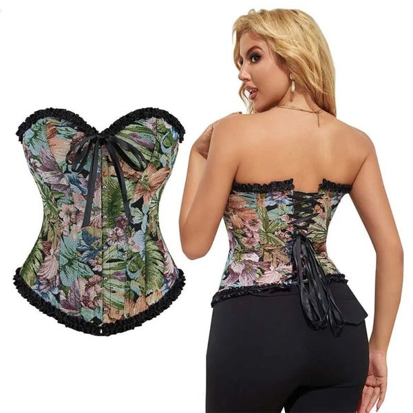Floral Print Lace Trimmer Boned Strapless Corset Gothic Vintage Style Carousel 2