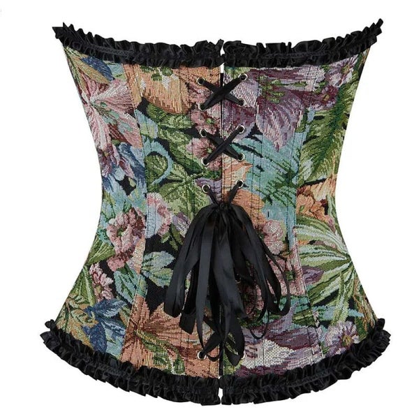Floral Print Lace Trimmer Boned Strapless Corset Gothic Vintage Style Carousel 7