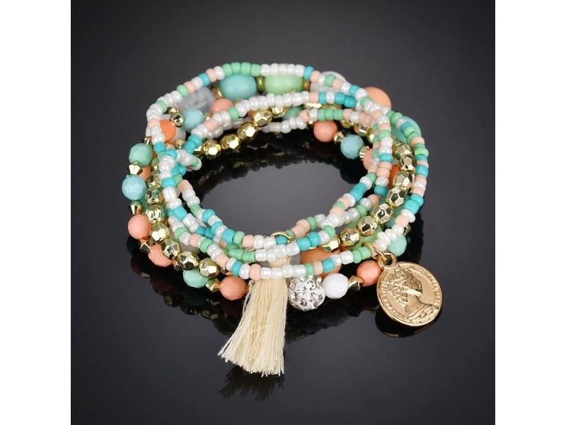6Pcs/Set Bohemian Beaded Multi-layer Bracelet For Women Vintage Metal Coin Carousel 1