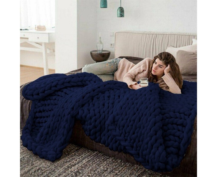 Chunky Knitted Blanket Throw Blanket Thick Yarn Blanket-Dark Blue Carousel 2