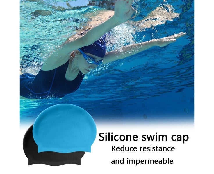 blue+black-Long Hair Swim CapSilicone Swimming Caps for Girls, Kids, Adu Carousel 3