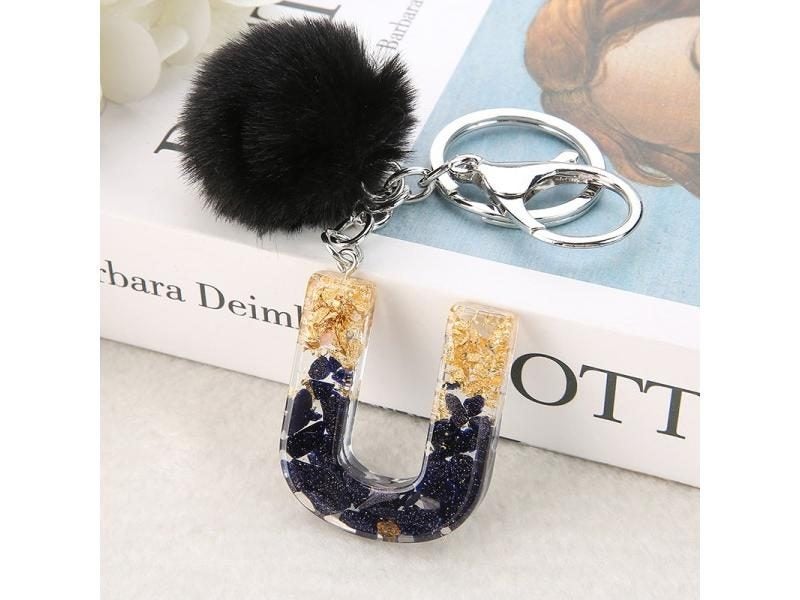 1Pc Black Pompom Letter Keychain Glitter Gradient Resin Car Mirror Accessory Carousel 1