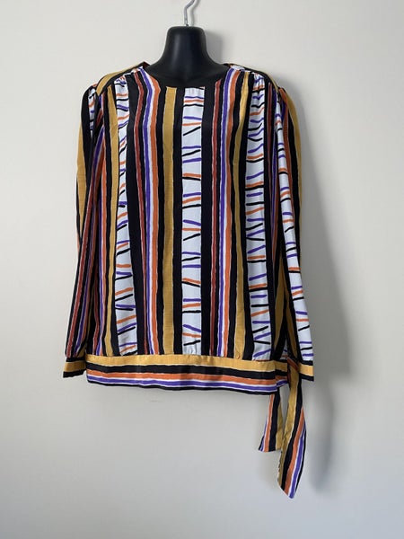 Vintage Maya Blouse – Size 16 – Retro Stripe, Waist Tie, Bold Colours64377159583873111