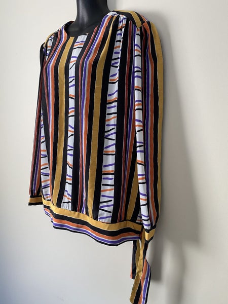 Vintage Maya Blouse – Size 16 – Retro Stripe, Waist Tie, Bold Colours64377159583873112