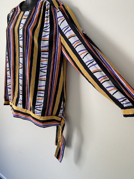 Vintage Maya Blouse – Size 16 – Retro Stripe, Waist Tie, Bold Colours64377159583873113
