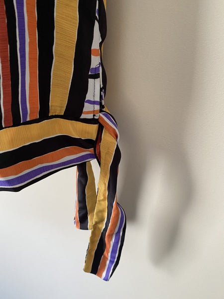Vintage Maya Blouse – Size 16 – Retro Stripe, Waist Tie, Bold Colours64377159583873114