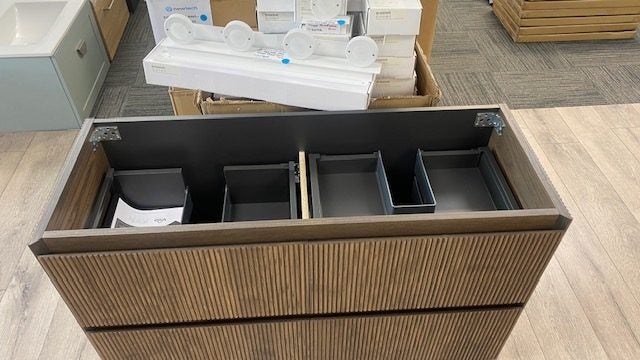 1200 Sodina Wall Hung 4 draw in Canyon Oak with Cosmetic Drawer and Double Basin Carousel 2