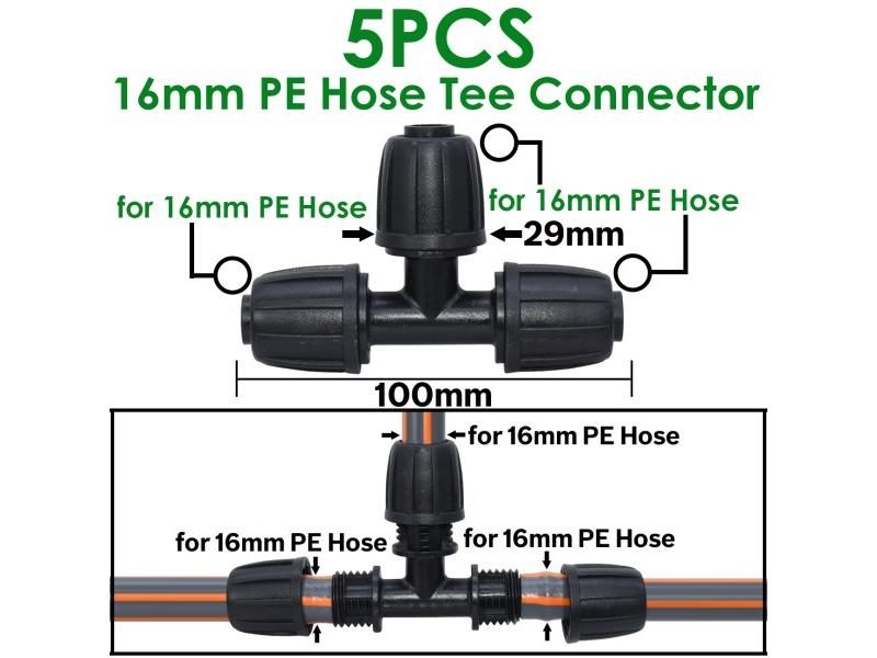 5pcs 1/2'' PE Pipe 16mm Connector Splitter Tee Coupling Threaded Lock To 4/7mm Carousel 1