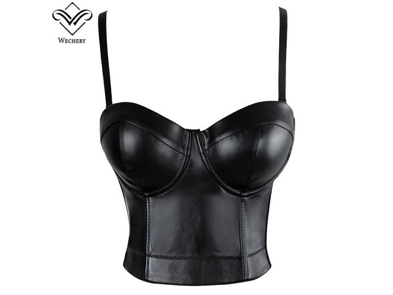 Wechery Women Leather Corset Top Crop Bustier Gothic Bra Push Up Bodice Sexy Carousel 1